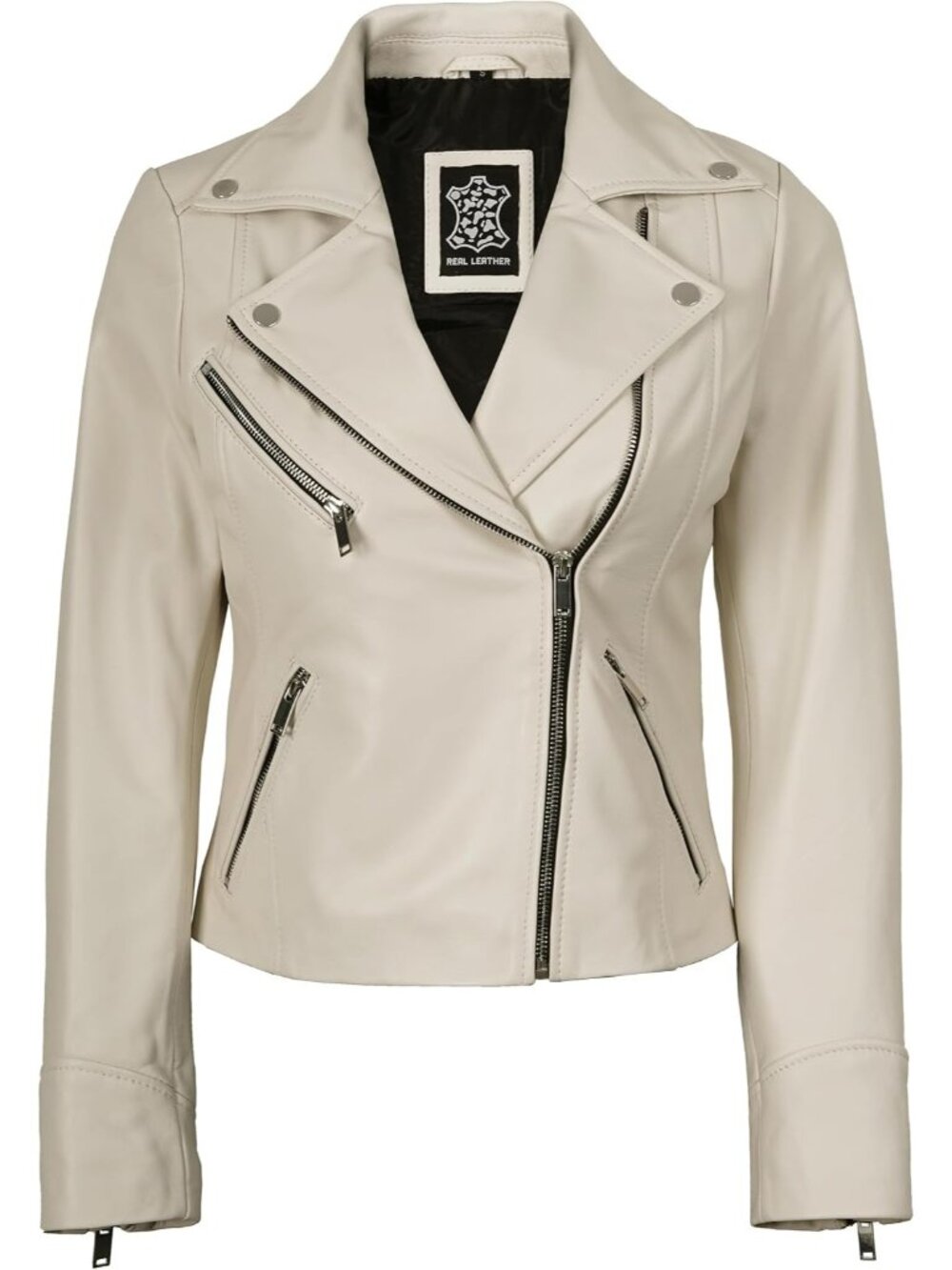 Women’s Real Lambskin Leather Asymmetrical Moto Biker Jacket-Off White